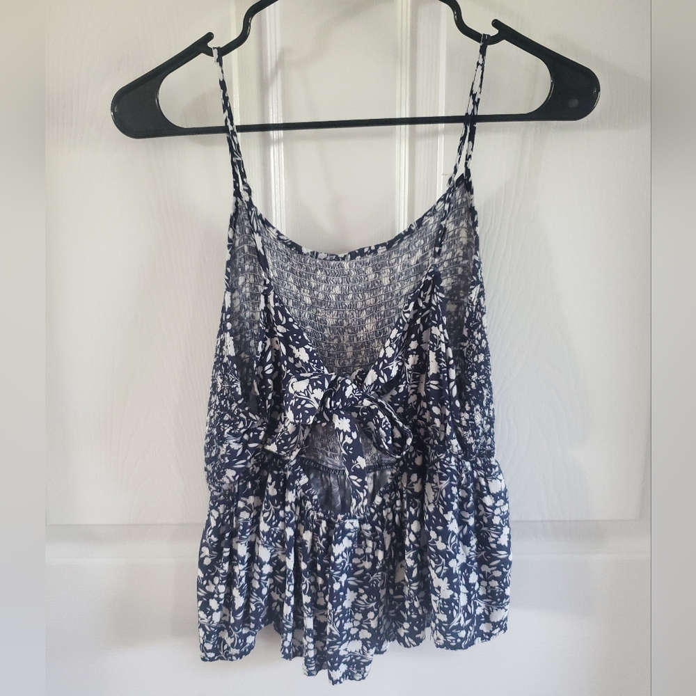 Floral Print Navy and White Women's Spaghetti Strap Scrunch/Flowy Top #MP - Picture 4 of 8